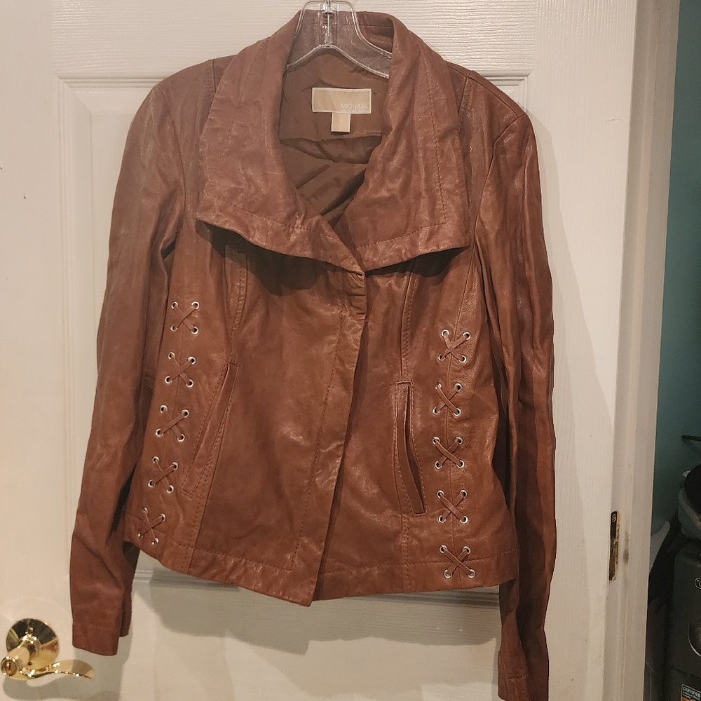 Michael Kors whipstitch cognac leather motorcycle jacket